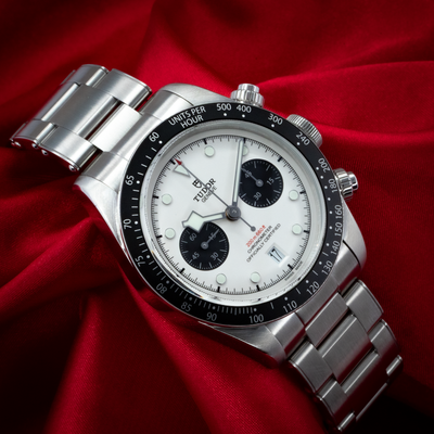 Tudor Black Bay Chrono M79360N-0002, steel bracelet and white dial with black subdials.