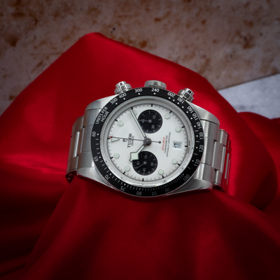Tudor Black Bay Chrono M79360N-0002, steel bracelet and case, white dial, black sub-dials, and black tachymeter bezel.