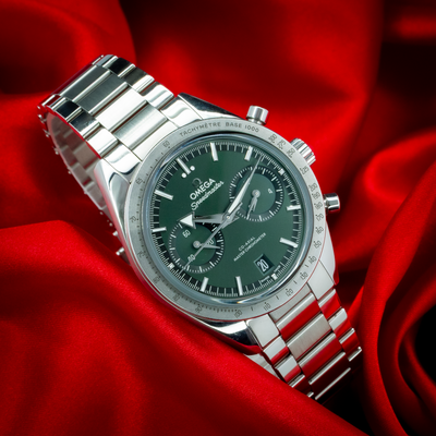 Omega Speedmaster 57 Chronograph 332.10.41.51.10.001 dial view, showcasing its green dial, chronograph sub-dials, and date