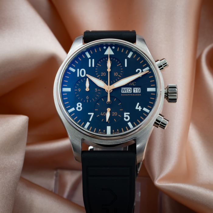 IWC Pilot’s Watch Chronograph APXGP iw378009 dial, with blue chronograph and white day-date display.
