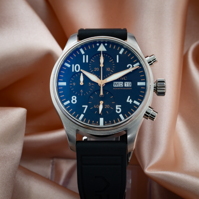 IWC Pilot’s Watch Chronograph APXGP iw378009 dial, with blue chronograph and white day-date display.