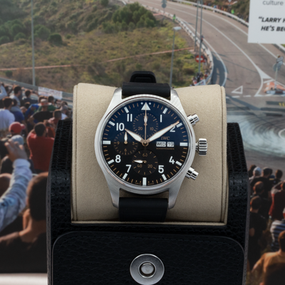 IWC Pilot’s Watch Chronograph APXGP iw378009, full dial view with black strap.