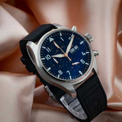 IWC Pilot’s Watch Chronograph APXGP iw378009, full dial view with dark blue dial, black rubber strap.