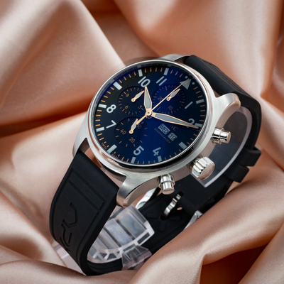 IWC Pilot’s Watch Chronograph APXGP iw378009, full dial view with stainless steel case and black rubber strap.