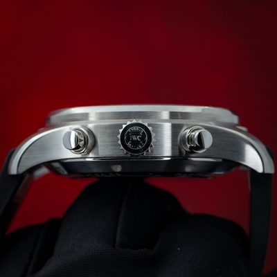 IWC Pilot’s Watch Chronograph APXGP iw378009, watch side profile showing crown and pushers.