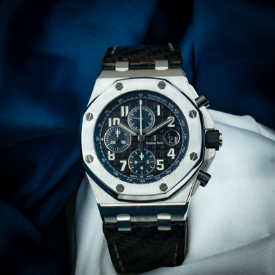Audemars Piguet Royal Oak Offshore Chronograph 26470ST.OO.A028CR.01, full dial view with strap.