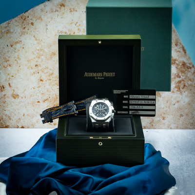 Audemars Piguet Royal Oak Offshore Chronograph 26470ST.OO.A028CR.01, full watch with box and card.