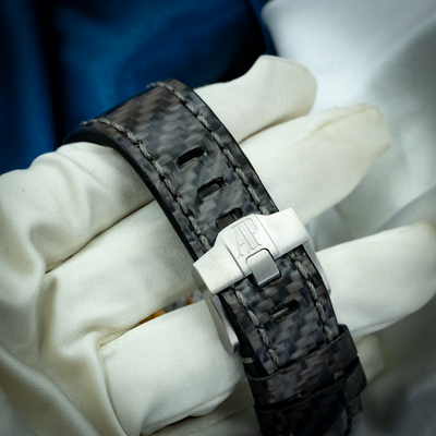 Audemars Piguet Royal Oak Offshore Chronograph 26470ST.OO.A028CR.01, close-up of clasp and carbon fiber strap.