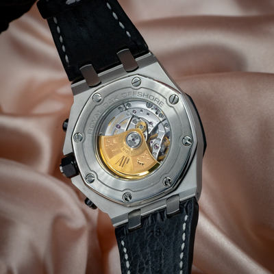 Audemars Piguet Royal Oak Offshore Chronograph 26470ST.OO.A028CR.01, close-up view of the exhibition caseback and movement.