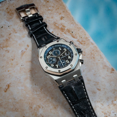 Audemars Piguet Royal Oak Offshore Chronograph 26470ST.OO.A028CR.01, full watch view with black leather strap.