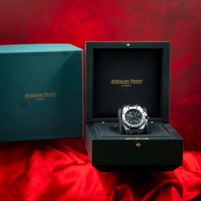 Audemars Piguet Royal Oak Offshore Chronograph 26470ST.OO.A028CR.01, full watch in open green presentation box.