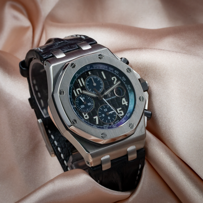 Audemars Piguet Royal Oak Offshore Chronograph 26470ST.OO.A028CR.01 black dial with subdials and leather strap.