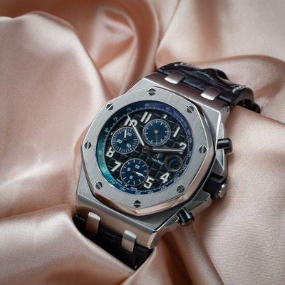 Audemars Piguet Royal Oak Offshore Chronograph 26470ST.OO.A028CR.01 black dial with chronographs and a black strap.