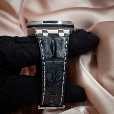 Audemars Piguet Royal Oak Offshore Chronograph 26470ST.OO.A028CR.01 black leather strap with white stitching.