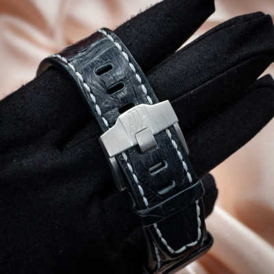 Audemars Piguet Royal Oak Offshore Chronograph 26470ST.OO.A028CR.01 black leather strap with AP logo deployment clasp.