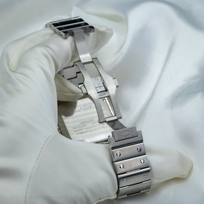 Cartier Santos WSSA0063 watch, steel bracelet with deployant clasp and engraved Cartier logo.