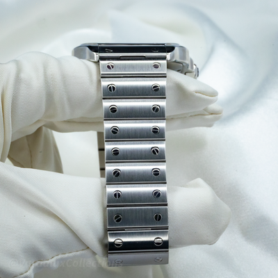Cartier Santos WSSA0063 watch bracelet link detail with screws visible.