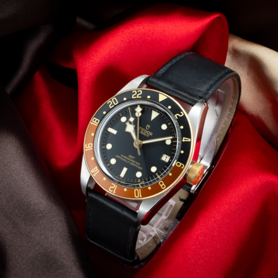 Tudor Black Bay Gmt S&g M79833MN-0003, full overhead dial view with crown, black leather strap.