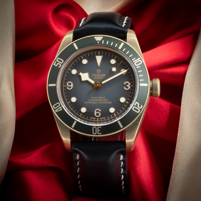 Tudor Black Bay M79250BA-0001, full face dial with black leather strap.