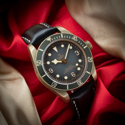 Tudor Black Bay M79250BA-0001, bronze case, green bezel, slate grey dial, and black leather strap.
