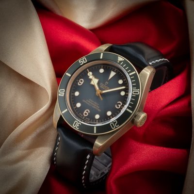 Tudor Black Bay M79250BA-0001, angled shot highlighting the entire watch dial, bezel, crown, and leather strap.