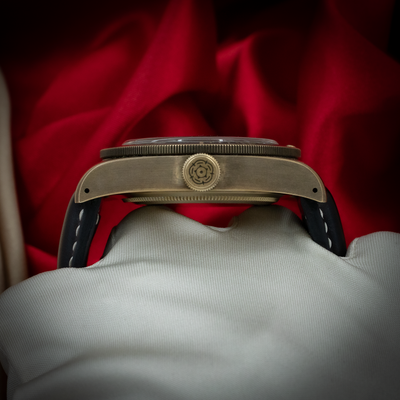 Tudor Black Bay M79250BA-0001, side case with crown and black leather strap with white stitching on a red background.