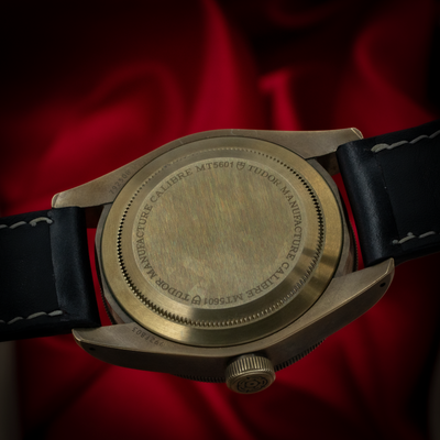 Tudor Black Bay M79250BA-0001, bronze caseback and crown with visible serial number on the lug.