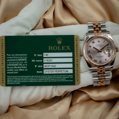 Rolex Datejust 36 reference 116231 watch, dial, and warranty card.