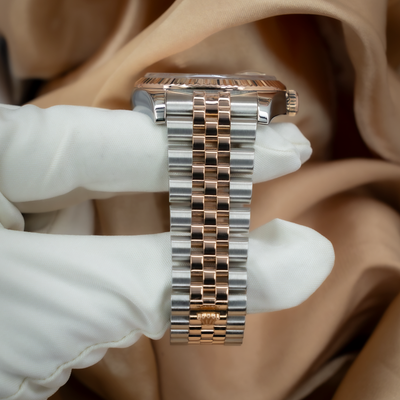 Rolex Datejust 36 reference 116231 watch two-tone Jubilee bracelet with rose gold links and white gold outer links.