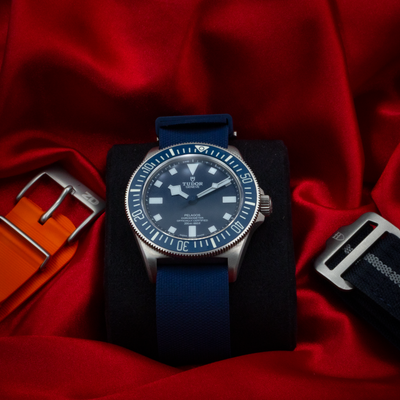 Tudor Pelagos FXD Marine Nationale 25707B/23-0001 dial and bezel with blue fabric strap.