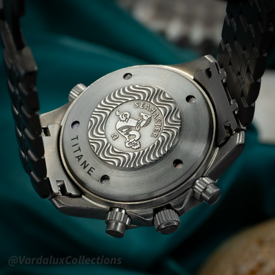 Omega Seamaster 2298.80.00 watch, titanium caseback with engraved hippocampus emblem and "TITANE" inscription.