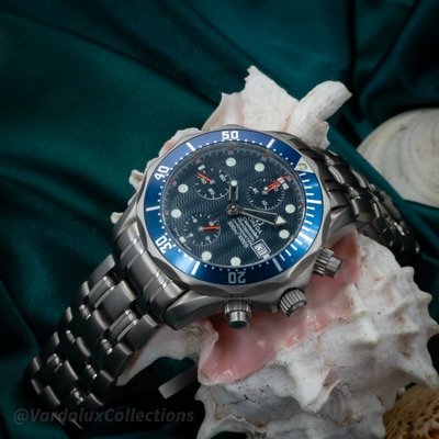 Omega Seamaster 2298.80.00 watch, blue dial and bezel, chronograph subdials and titanium bracelet.