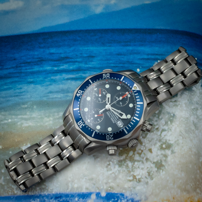 Omega Seamaster 2298.80.00 watch, angled top-down view of the blue dial with silver bracelet.