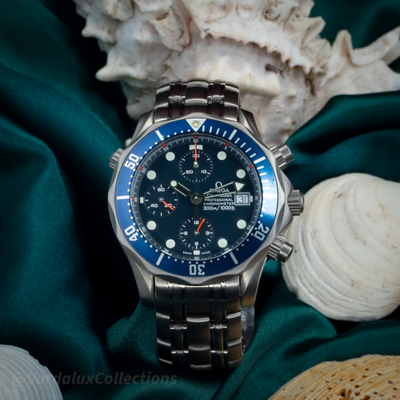 Omega Seamaster 2298.80.00 watch, blue wave chronograph dial with date and red-tipped hands.