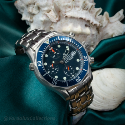 Omega Seamaster 2298.80.00 watch, blue wave dial, chronograph subdials, date window, and steel bracelet.
