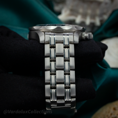 Omega Seamaster 2298.80.00 watch, side view of bracelet, case, pushers, and crown.