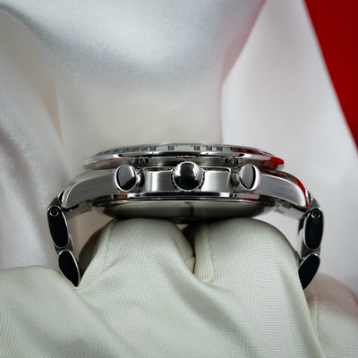 Omega Speedmaster Date 3513.30.00 watch, right side view showing the crown and chronograph pushers.
