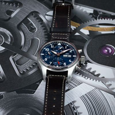 IWC Pilot Chronograph IW388101, full dial view with date window and brown leather strap.