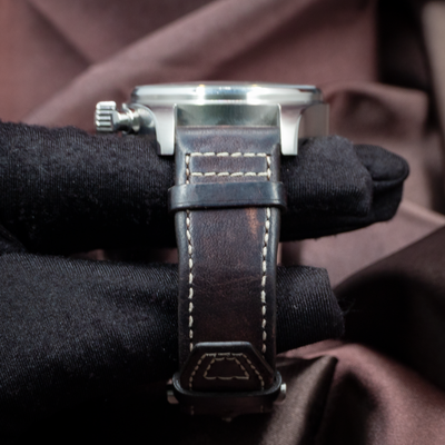 IWC Pilot Chronograph IW388101, side case and brown leather strap with white stitching.