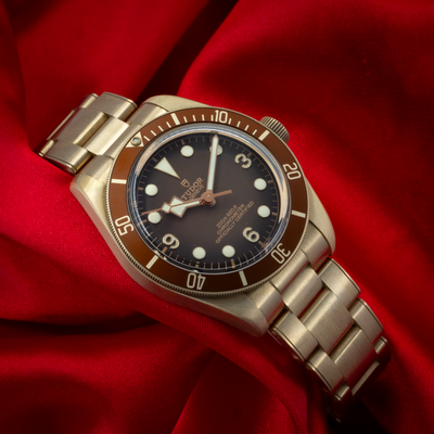 Tudor Black Bay Automatic Brown Men's Watch 79012m Dial, reference 79012m-0001, showing the brown dial with illuminated