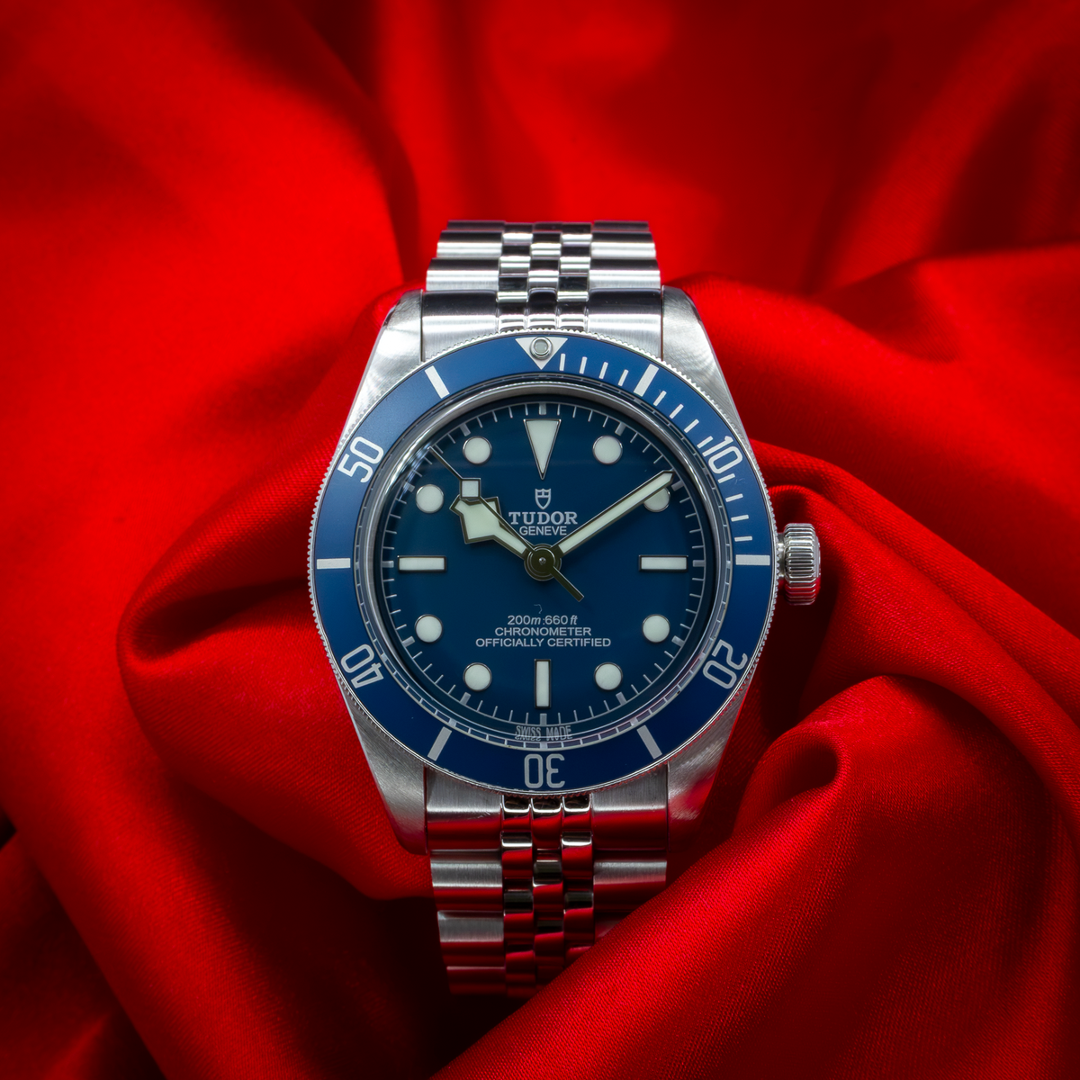 Tudor Black Bay Fifty-Eight Blue M79030B-0001 with blue dial and bezel on a metal bracelet, centered view.