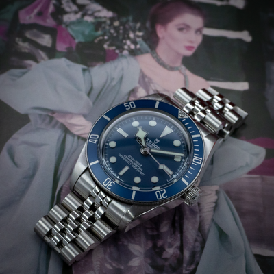 Tudor Black Bay Fifty-Eight Blue M79030B-0001, full dial and bezel view, with jubilee bracelet.