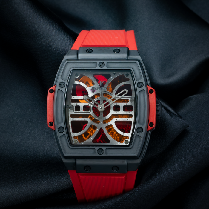 Hublot Spirit of Big Bang Red Vitrail Limited Edition 312.CI.0002.LR dial, with red and orange skeletonized movement.