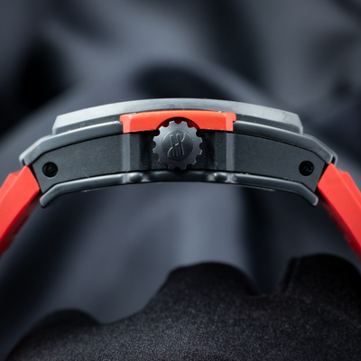 Hublot Spirit of Big Bang Red Vitrail Limited Edition 312.CI.0002.LR watch case side with crown and red accents.