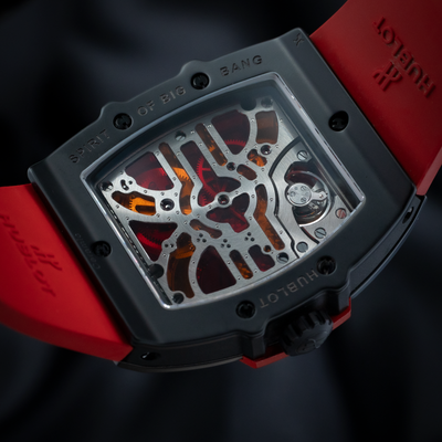 Hublot Spirit of Big Bang Red Vitrail Limited Edition 312.CI.0002.LR, close-up caseback view showing movement and red strap.