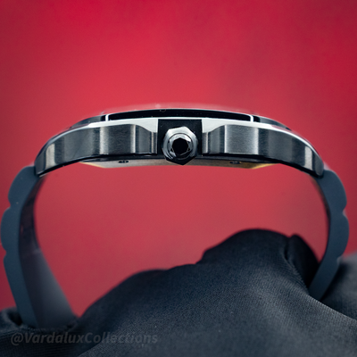 Cartier Santos De Cartier WSSA0039 watch, case side view showing crown and brushed finish.