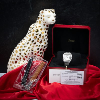 Cartier Santos De Cartier White Dial WSSA0029, full kit with warranty card, extra straps, and red presentation box.