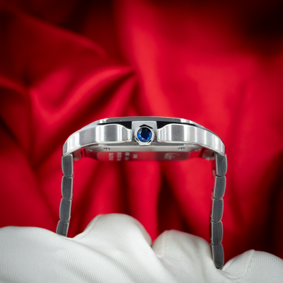 Cartier Santos De Cartier White Dial WSSA0029, side view of the case showing the blue cabochon crown.