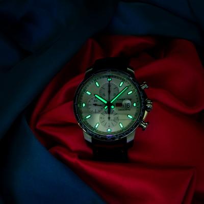 Chopard Mille Miglia Gts Race Edition 2022 168571-3010 dial with glowing lume in the dark.