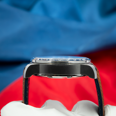 Chopard Mille Miglia Gts Race Edition 2022 168571-3010 side profile, showing brushed case, bezel, and brown leather strap.